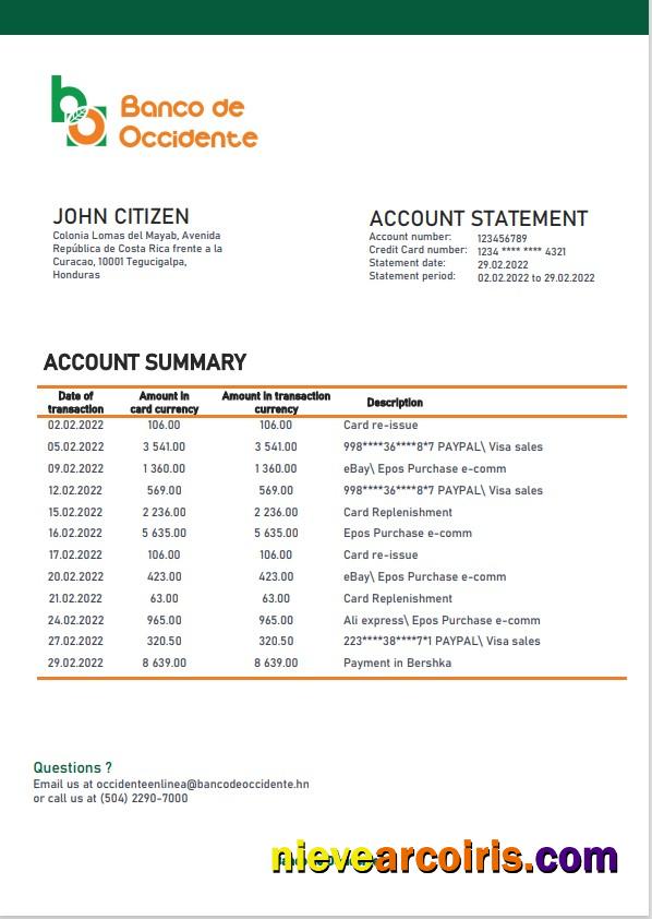 Honduras Banco de Occidente Bank statement in Word and PDF format